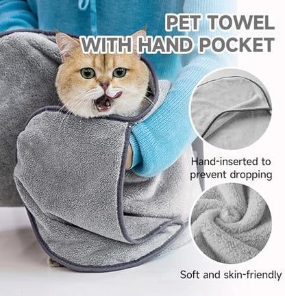 Dog Towels for Drying Dogs Small Medium Large, 2 Pack Dog Cat Drying Bath Towel 30.3"x13.8" with Hand Pocket,Absorbent Pet Towel for Dog Cat Grey - Image 4