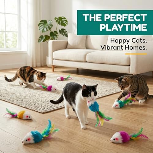 Smokey's Stash Faux Fur Cat Mice Toys (12-Pack) – Infused with Catnip, Colorful Feather Tails & Rattle Sounds – Interactive Hunting Exercise for Indoor Cats & Kittens - Image 6