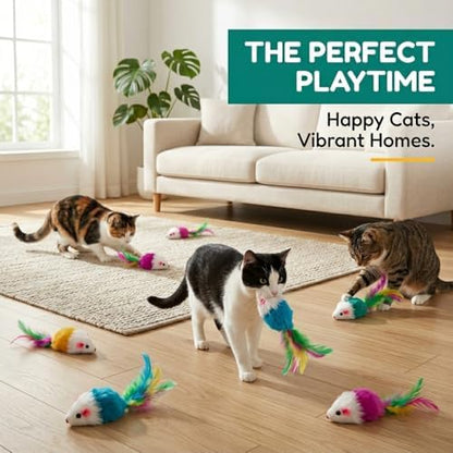 Smokey's Stash Faux Fur Cat Mice Toys (12-Pack) – Infused with Catnip, Colorful Feather Tails & Rattle Sounds – Interactive Hunting Exercise for Indoor Cats & Kittens - Image 6