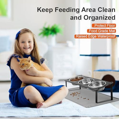 Elevated Cat Bowls with Food Mat, 10°Tilted Non-Slip Raised Cat Food Water Bowls Set, 3 Thick Stainless Steel Pets Dishes with Cute Metal Feeding Stand for Indoor Kitten Puppy, Anti-Vomiting - Image 5