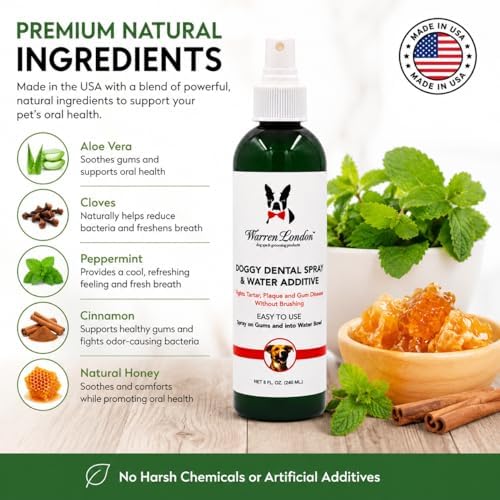 Warren London Doggy Dental Spray & Water Additive for Dogs & Cats, Fresh Breath Oral Care, Peppermint Honey Teeth & Gum Support, No-Brush Pet Mouth Spray, Made in USA, 8 oz - Image 6