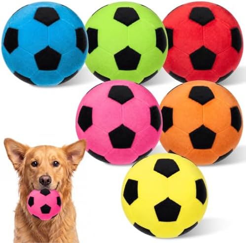 Blueweenly 6 Pcs Stuffed Soccer Ball Dog Toys, 4 Inch Squeaky Football Dog Toys, Soft Interactive Chew Indoor Outdoor Playing Supply for Small Medium Large Pet Rolling Tossing Chasing Game, Multicolor by Blueweenly