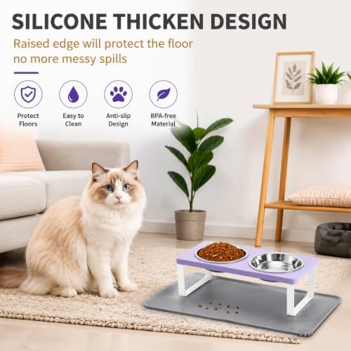 Summark Upgraded Elevated Cat Bowls with Food Mat,15°Tilted Stand Anti Vomiting Raised Cat Dishes for Food and Water,2 Stainless Steel Bowls for Cats and Puppy（Lavender） - Image 4