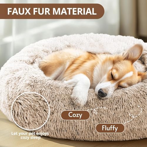 JOLLYVOGUE Calming Dog Beds Large Sized Dog, 36in Donut Washable Large Pet Bed, Anti-Slip & Anti-Anxiety Fluffy Faux Fur Round Dogs Bed, Fits up to 80 lbs Pets (Cream Brown) - Image 2