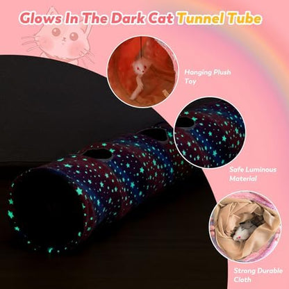 Cat Tunnels for Indoor Cats with Plush Toys Collapsible Glows in The Dark Dog Cat Tunnel Tube Toys Photoluminescent for Indoor Cats Small Dogs Puppy Kitten Rabbit Bunny Ferret Pet Rainbow - Image 2