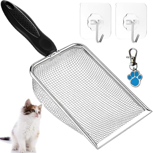 Cat Litter Scoop, Stainless Steel Cats Sturdy Mesh Scooper Kitty Metal Scooper Long Handle Scooper Shovel Sifter for All Litter Types Metal Cat Scooper for Litter Box by itPlus