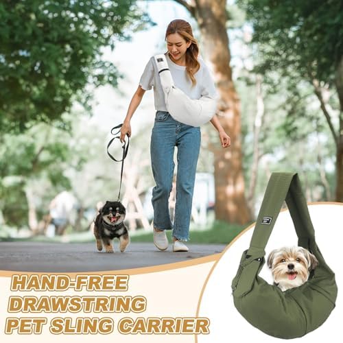 Dog Sling Carrier for Small Dogs and Cats Up to 16.5 Lbs, Soft Pouch Waterproof with Zipper Pocket Pet Cross Body Shoulder Bag, (Army Green, 1 Pcs) Intended for Outdoor/Travel - Image 4