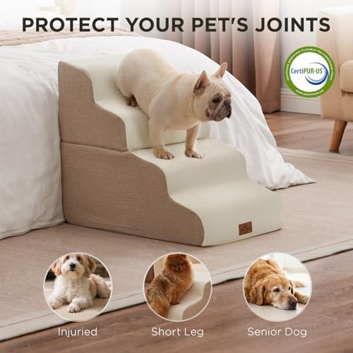 Joydeco Dog Stairs for Bed 17.1" H, 3-Step Pet Steps for Small Dogs and Cats, Dog Steps for High Bed, Non-Slip Balanced Ramp Indoor Pet Stairs, Beige - Image 2