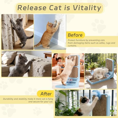 Cat Scratcher Cat Scratch Pad L Shape Wall Mounted Dual Use (Vert/Horiz) Kitten Bunifa Scratching Card Board Vertical Post with Ball Toys Feathers,Protecting Furniture Core is Replaceable Large Blue - Image 4