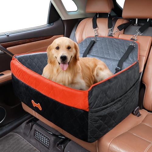 Dog Car Seat for Medium Large Dogs, Detachable Washable Dog Booster Seat with Memory Foam Cushion, Side Pockets, 2 Clip-On Safety Leashes Pet Car Seat for Dogs Up to 60 lbs-Black by PetsHome