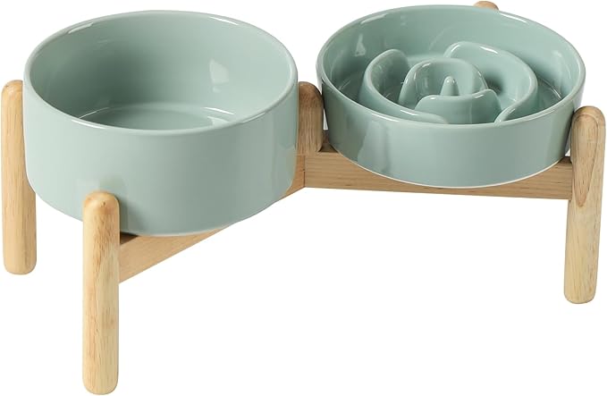 Ceramic 0.9 Cup Raised Slow Feeder Dog Bowl Set, Elevated 6.1inch Water Bowl and 6.1inch Slow Dish with Wooden Stand for Small Dogs(2 x Light Green+ Stand)
