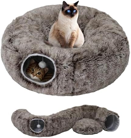 Cat Tunnel Bed for Indoor Cats with Washable Cushion Cat Cave Donut Tunnel with Fluffy Ball Big Round Tube Pet Playground Toys Soft Plush Peekaboo for Kitten, Cat, Puppy, Rabbit, Ferret（Brown） by WYZJL