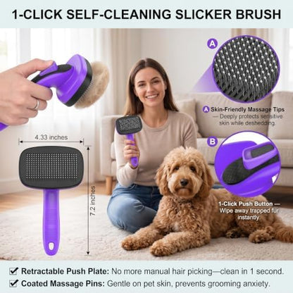 5 PCS Cat & Dog Grooming Kit Brush, Self-Cleaning Slicker Hair Brush, Nail Clipper, Undercoat Rake, Pet Bath Brush with Removable Screen,Pet Comb for Short & Long Haired Dogs Cats, Purple - Image 2