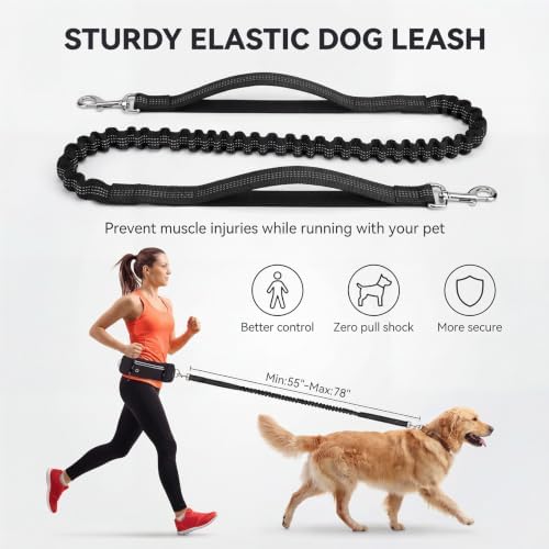 Hands Free Dog Leash 3 Zipper Pounchs with Reflective Strips Poop Bag Dispenser,Waterproof Dog Walking Belt,Dual Handles and Durable Bungee,Waist Leash for Dog Walking,Jogging and Running - Image 4