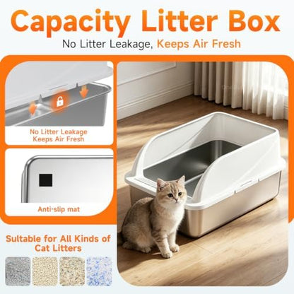 Stainless Steel High-Sided Cat Litter Box with Scoop - Medium - Image 6