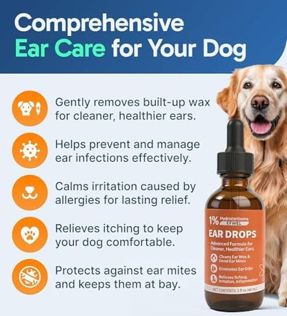 Dog Ear Cleaner Drops with 1% Hydrocortisone, Natural Infection Treatment for Dogs and Cats, Yeast Infection and Itchy Ear Relief, 2 fl oz - Image 2