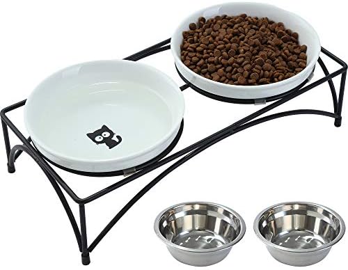 FOREYY Elevated Cat Bowls with 2 Ceramic & 2 Stainless Steel Bowls, Raised Cat Food & Water Dishes with Iron Stand, Porcelain Pet Dishes for Cats & Small Dogs, 16 Ounces, Dishwasher Safe (White) by YYFOREYY