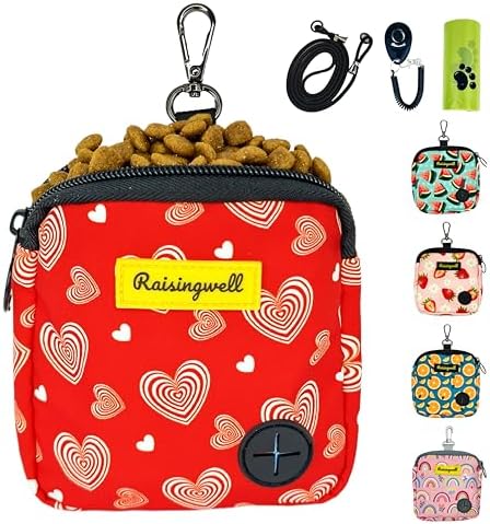 Raisingwell Dog Treat Pouch for Pet Walking and Training with Clicker Poop Bags Small Fanny Zipper Pack Holder for Puppy Snack Dispenser Kit for Leash and Outdoor Use (Valentine) by Raisingwell