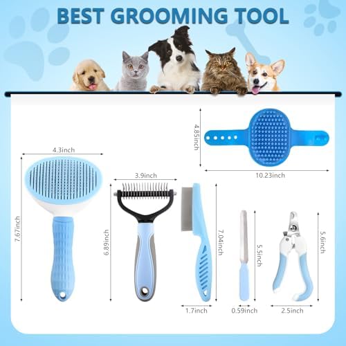 Dog Brush Dog Grooming Kit 6PCS Dog Brush for Shedding-Dog Brushes for Grooming, Dematting Comb for Dogs, Cat Nail Clipper with Nail File, Flea Comb, Bath Brush(Blue) - Image 2