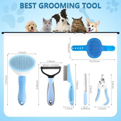 Dog Brush Dog Grooming Kit 6PCS Dog Brush for Shedding-Dog Brushes for Grooming, Dematting Comb for Dogs, Cat Nail Clipper with Nail File, Flea Comb, Bath Brush(Blue) - Image 2