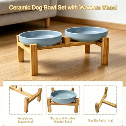 Shallow Elevated Cat Bowls with Bamboo Stand, 6.1 Inch Wide Ceramic Cat Dish Whisker Friendly, 2 Pack Pet Food and Water Plates - Image 3
