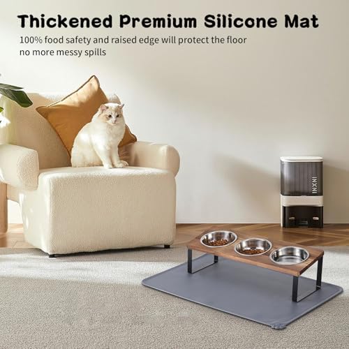 Summark Upgraded Elevated Cat Bowls with Food Mat,15°Tilted Stand Anti Vomiting Raised Cat Dishes for Food and Water,3 Stainless Steel Bowls for Cats and Puppy（Rustic Brown） - Image 3