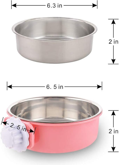 Crate Dog Bowl Removable Stainless Steel Water Food Feeder Bowls Cage Coop Cup for Cat Puppy Bird Pets (Large, Pink)
