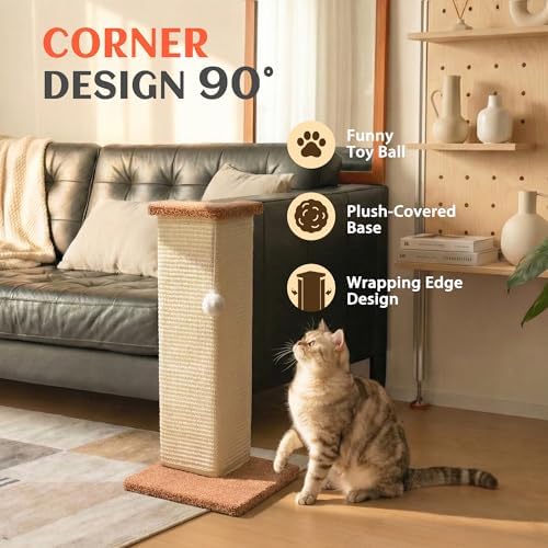 PETKARAY Couch Corner Cat Scratcher, 22.5" Sisal Scratching Post for Indoor Cats, Corner Wall Scratch Pad for Furniture Protection, Plush Base, Medium - Image 2