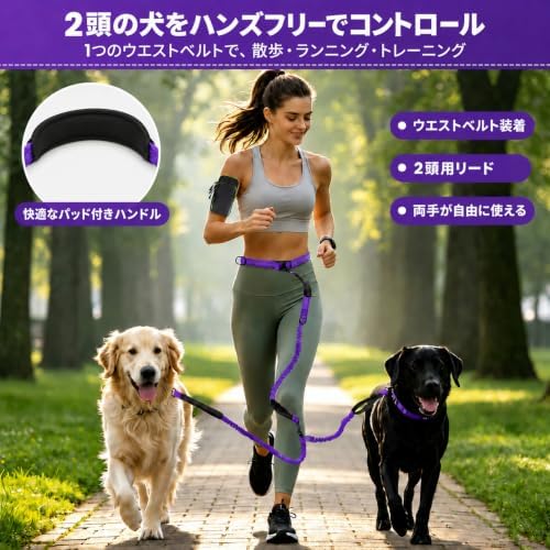 Hands Free Double Dog Leash, 4 Reflective Padded Handles, Adjustable Waist Belt 27-51", Shock-Absorbing Bungee, 360° Swivel Clips, for Small, Medium & Large Dogs, Walking Jogging Running - Image 2