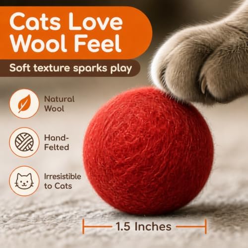 Wool Cat Toys - Felt Cat Toy Balls for Small Pet Fetch and Play - Eco Friendly Quiet Wool Ball Cat Toy for Cats and Kittens - Choose Your Colors 6PCS (Red) - Image 3