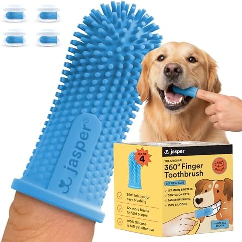 Jasper Dog Toothbrush, 360° Finger Toothbrush for Dogs & Cats, Blue 4-Pack by OralWellnessforPets