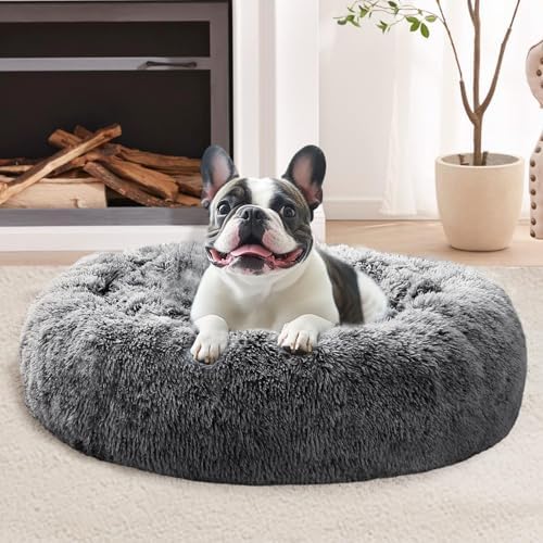 JOLLYVOGUE Calming Small Dog & Cat Bed for Indoor Cats - 20 inches Washable Donut Bed for Kittens & Puppies, Anti-Anxiety Round Fluffy Plush Pet Beds (Fits up to 15 lbs, Smoke Black) by JOLLYVOGUE