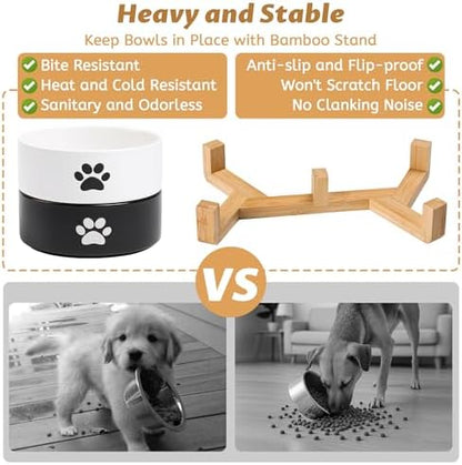 Dog Bowls, Non Slip Heavy Ceramic Dog Food and Water Bowl, Pet Feeding Bowl for Cats, Puppies and Small Dogs (2 Bowls+ 1 Stand-Black and White, 5.1 Inches) - Image 3