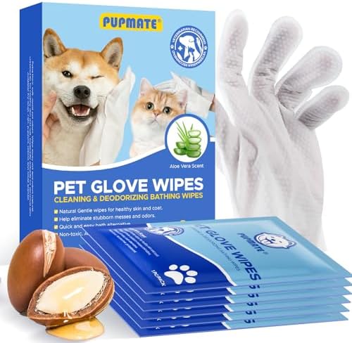 Pet Cleaning Glove Wipes for Dogs & Cats, Hypoallergenic Deodorizing Disposable No-Rinse Grooming Wipes, Extra Thick Bathing Wipes,Perfect for Pet Dry Cleaning,Daily Care and Travel,6 pcs by PUPMATE