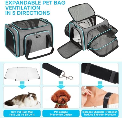 Pet Carrier, Large Soft Sided Expandable Travel Carrier with Steel Frame, Anti-Scratch Mesh, Removable Fleece Pad and Pockets for Cats, Dogs and Small Animals up to 15 lbs (Gray, 5 Sides Expandable) - Image 4