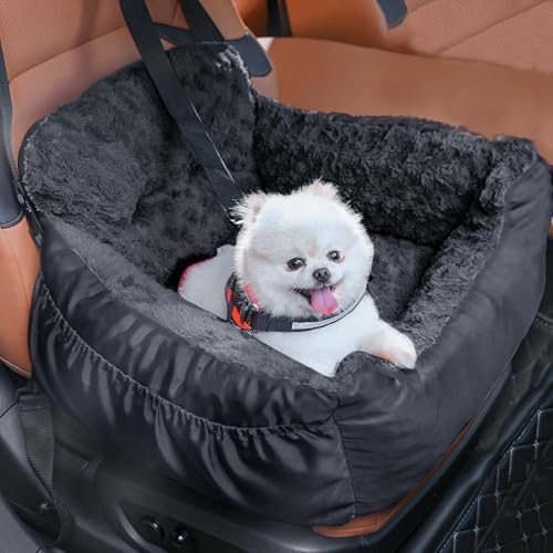 Oiilores Dog Car Seat for Small Dogs, Washable Pet Booster Seats with Clip-On Safety Leash, Comfy Deluxe Plush Carseat with Storage Pockets, Puppy Car Travel Carrier Bed for Dogs Under 25 lbs, Black by OiiloresComfyDoorMat