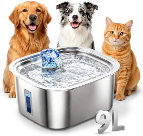 PETNF 2.4-Gallon Stainless Steel Dog Water Fountain for Large Dogs, Dog Water Bowl Dispenser with 2 Filters, Visible Water Window, Quiet Pump & LED Low-Water Indicator by PETNF