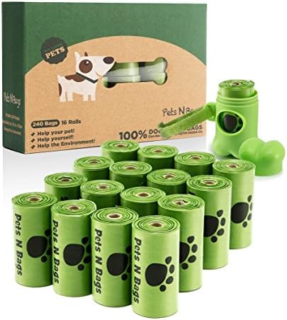 Poop Bags, Environment Friendly Pets N Bags Dog Waste Bags, Biodegradable, Refill Rolls, Includes Dispenser (16 Rolls / 240 Count) by Pets+N+Bags