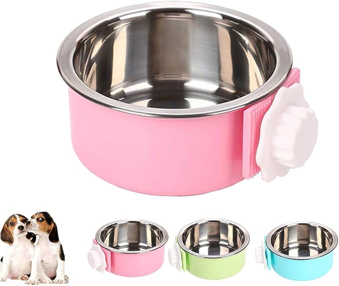 Love Dream Crate Dog Cat Bowls, Removable Stainless Steel Hanging Pet Cage Bowls for Kennel, Water Food Feeder Cage Coop Cup for Cats, Dogs, Rabbits and Small Animals (Large, Pink)