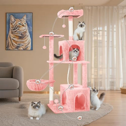54-Inch Cat Tree Tower with 2 Caves & 2 Pompoms - Multi-Level Tower for Indoor Cats, Soft Plush Condo with Scratching Posts - Sturdy Base for Large Cats(Pink) - Image 2