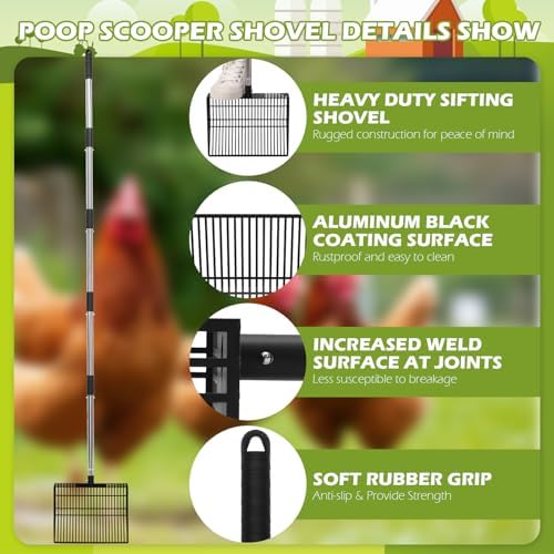 EXPAWLORER Large Chicken Poop Scooper, Adjustable Pet Coop Rake with Stainless Steel Long Handle, Heavy Duty Litter Sifting Sand Sifter Shovel Cleaning Tool Cat Chicken Coop Accessories (22"-68") - Image 4