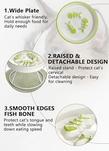 Ceramic Elevated Slow Feeder Cat Bowl, Anti Vomit, Removable Dish, Green - Image 3
