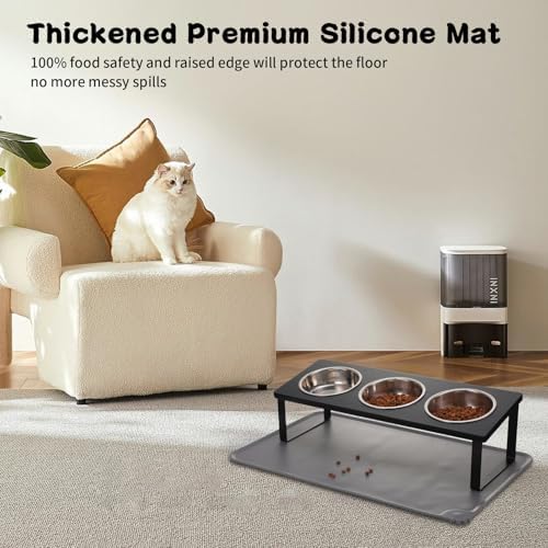 Summark Upgraded Elevated Cat Bowls with Food Mat,15°Tilted Stand Anti Vomiting Raised Cat Dishes for Food and Water,3 Stainless Steel Bowls for Cats and Puppy（Black） - Image 3