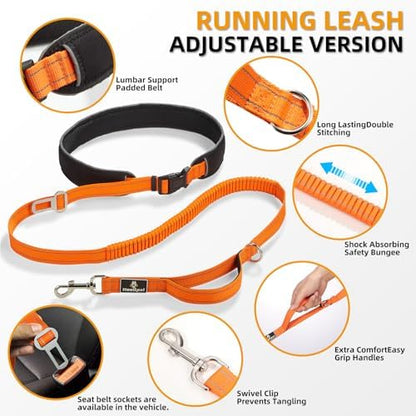 Reflective Waist Bungee Dog Leash - Hands-Free for Running & Walking (Orange Leash) - Image 2