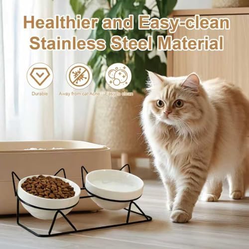 Elevated Tilted Cat Bowls for Indoor Cats，Raised Ceramic Cat Bowl Elevated 15°,Pet Feeding Bowls for Food and Water Anti Vomiting Bowl(Double Ceramics and Tilt Shelf) Suitable - Image 7