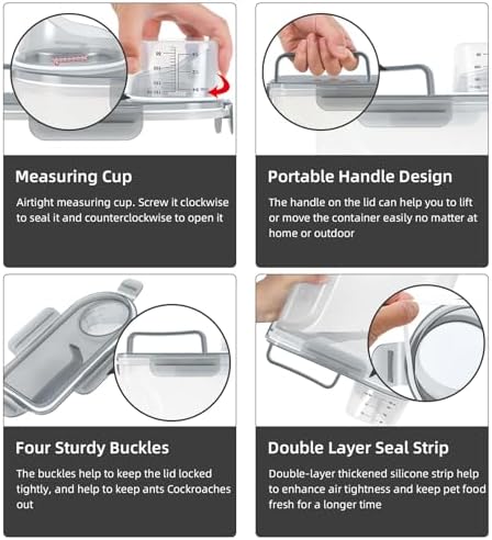 LEAWALK 3+5LBS 2Pack Cat Dog Food Storage Container Upgraded Large Nozzle BPA-free, Plastic Pet Food Containers, With 4 Sealed Clasps/1 Measuring Cup/Handle Easy Clean and Carry (Clear Grey) - Image 3