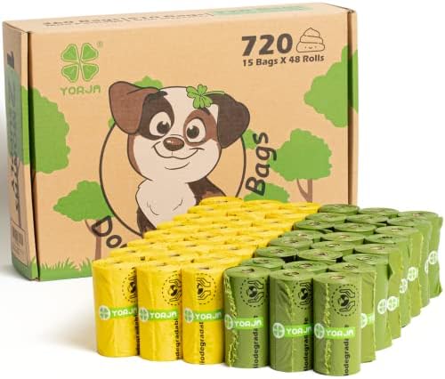 Dog Poop Bags Rolls with OK biobased Certified, 720 Pet Waste Bags, 100% Leak Proof Extra Thick and Strong Corn Starch Based by YORJA