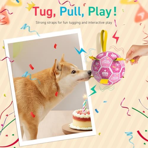 QDAN Dog Birthday Toys, Puppy Gifts, Dog Soccer Ball with Straps, Pink - Image 3