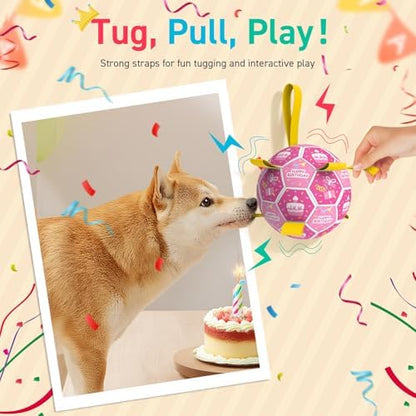 QDAN Dog Birthday Toys, Puppy Gifts, Dog Soccer Ball with Straps, Pink - Image 3