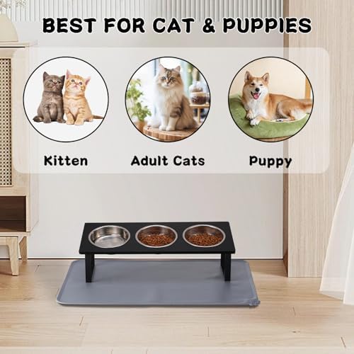 Summark Upgraded Elevated Cat Bowls with Food Mat,15°Tilted Stand Anti Vomiting Raised Cat Dishes for Food and Water,3 Stainless Steel Bowls for Cats and Puppy（Black） - Image 6